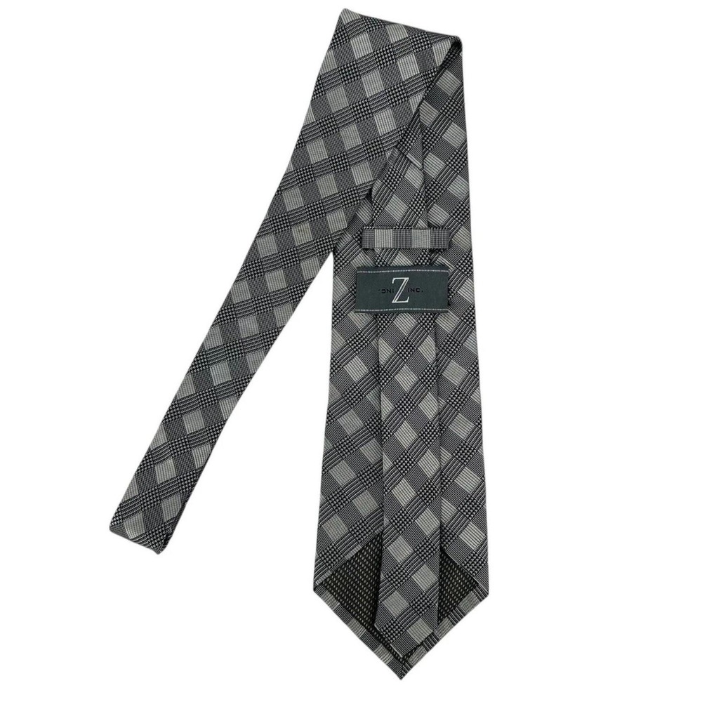 Vintage Zinc Men's 100% Silk Tie Black Gray Plaid Check Necktie - Picture 5 of 11